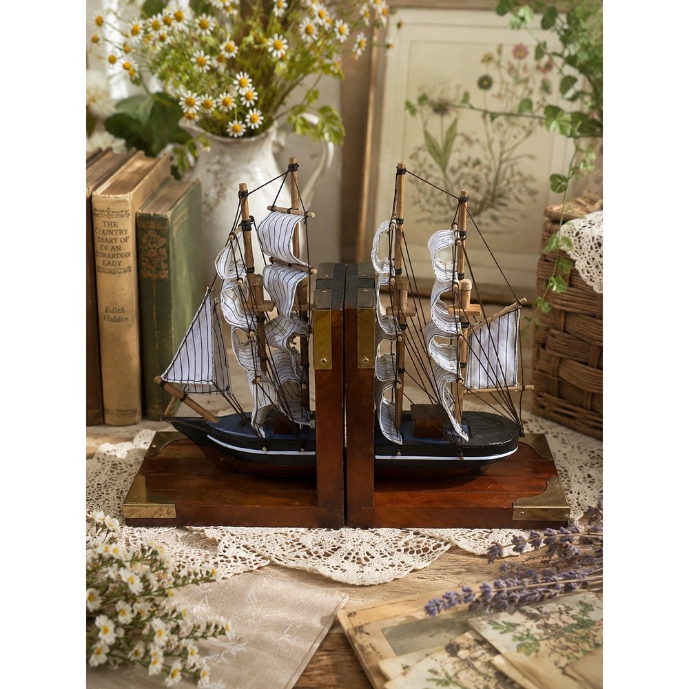 Vintage Nautical Wooden Sailing Ship Bookends Brass Accents Coastal Decor 12in